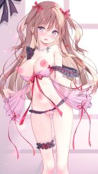 babydoll blush breasts breasts_out brown_hair clothed crotchless crotchless_panties dress hair_ribbon large_breasts long_hair necklace nipples open_clothes open_crotch open_crotch_panties original panties pearl_necklace pussy straight_hair twintails watagashi_yui