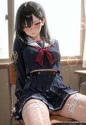 eri_(blue_archive) blue_archive ai_generated kermixx 1girl solo long_hair breasts looking_at_viewer blush bangs skirt large_breasts shirt black_hair hair_ornament red_eyes thighhighs long_sleeves sitting closed_mouth underwear school_uniform panties yellow_eyes thighs sweat pleated_skirt serafuku hairclip indoors black_skirt sailor_collar mole white_panties white_thighhighs crop_top mole_under_eye window heterochromia garter_straps chair fishnets desk white_sailor_collar fishnet_thighhighs school_chair