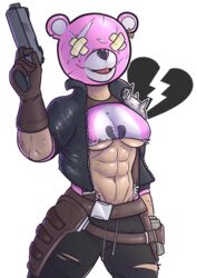 1girls abs alpha_channel breasts broken_heart clothed cowboy_shot crop_top cuddle_team_leader earrings female female_only for_sticker_use fortnite front_view gloves gun heart highres holding_weapon human jacket leather_jacket mascot_head medium_breasts midriff muscles muscular muscular_female navel no_background ragsy_(fortnite) ranged_weapon scar shoulder_pads solo spiked_shoulders sticker_template thick_thighs torn_clothes transparent_background transparent_png underboob walrusloser weapon x_eyes