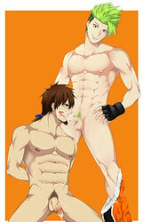 2boys abs achilles_(fate) ass bara boxing_gloves cum_in_mouth fate/grand_order fate_(series) green_hair hector kiiru114 male/male male_focus male_only multiple_boys muscle muscular_male naked pubic_hair sex simple_background sucking yaoi