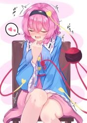 1girl black_hairband blue_shirt blush breasts buttons chair closed_eyes collared_shirt commentary_request disembodied_linked_eye eyeball facing_viewer female_masturbation frilled_shirt_collar frilled_sleeves frills hair_ornament hairband heart heart_button heart_hair_ornament highres komeiji_satori large_breasts masturbation on_chair pico_kimuchi pink_hair pink_skirt ribbon-trimmed_collar ribbon_trim shirt sitting skirt solo spoken_heart touhou translation_request