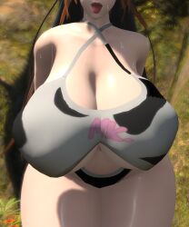 1girls 3d black_hair breast_focus cow_print final_fantasy final_fantasy_xiv gpose_(ffxiv) huge_breasts huge_thighs inviting leaning_forward miqo'te orange_highlights original_character self_upload solo tongue_out veylea wet