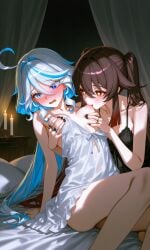 blue eyes blush breast grab breasts out brown hair flustered hand on nightgown bed red sexy body clothing pose sucking nipples thick legs thighs waist white hu_tao_(genshin_impact) furina_(genshin_impact) genshin_impact ai_generated