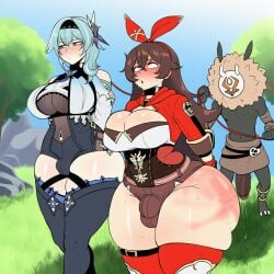 1boy 2futas ai_generated amber_(genshin_impact) breasts bulge bulge_through_clothing collar eula_(genshin_impact) futanari futasub genshin_impact huge_ass huge_breasts huge_cock leash maledom multiple_futa multiple_penises penis senko_chan1 slave small_penis small_penis_futa small_penis_humiliation thick_thighs