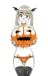 1girls blonde_hair blush closed_mouth female green_eyes hair_ornament halloween halloween_costume jack-o'-lantern long_hair looking_at_viewer maka_albarn navel panties pubic_cutout pumpkin simple_background smile solo soul_eater stockings thighhighs third-party_source topless twintails twrlare underwear white_background