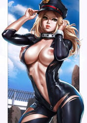 1girls abs adjusting_clothes adjusting_hat areolae arms_up artist_name black_bodysuit blonde_hair bodysuit border breasts camie_utsushimi cloud cowboy_shot curvaceous dandon_fuga day erect_nipples exhibitionism exposed_breasts exposed_pussy female female_focus female_only functionally_nude golden_eyes hat hero_outfit_(mha) high_resolution hips large_breasts light-skinned_female light_skin lips long_hair looking_away muscle my_hero_academia navel nipples nude outdoors outside_border pose pussy red_lips shiketsu_high_school_cap shiny shiny_skin sky solo standing thick_lips thighs toned torn_bodysuit torn_clothes uncensored very_high_resolution white_border wide_hips wrist_cuffs zipper zipper_pull_tab