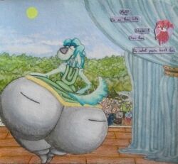 nkil 1girls female female_only female_focus lita_(fawxen) anthro furry dog canine canine_humanoid hyper wide_hips hips thick_thighs thighs hyper_ass large_ass ass blue_fur stage crowd crowd_watching blue_hair blue_eyes text english_text curtains curtains_open