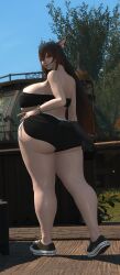 1girls 3d ass ass_focus back_view black_hair clothed converse cute final_fantasy final_fantasy_xiv gpose_(ffxiv) hand_on_ass huge_ass huge_breasts looking_at_viewer looking_back miqo'te orange_highlights original_character self_upload smile solo veylea veyleafterdark