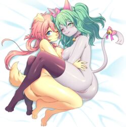 2girls anthro bell blue_eyes bow breasts cat catgirl doggirl female_only furry green_eyes grey_fur lesbian magicalmysticva mystic pussy sspicytuna tagme thighhighs yellow_fur