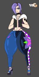 arm_tattoo brown_hair hands_in_pockets horns hung_femboy implied_huge_cock light-skinned_male light_blue_hair light_skin oc oc:kiyomi_(solgain) oiled_skin open_hoodie open_legs open_toe_heels purle_hair purple_eyes purple_eyeshadow purple_toenail_polish purple_toenails shiny_skin skin_tight skin_tight_pants smug_eyes solgain stiletto_heels tall_femboy tall_male unique_eyes unique_hair unique_style