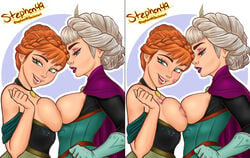 2girls anna_(frozen) areolae athletic big_breasts blonde_hair blue_eyes breast_press breasts breasts_out busty cape comic curvaceous curvy disney dress elsa_(frozen) eyelashes eyeshadow female female_focus female_only fit fit_female freckles frozen_(film) hourglass_figure incest large_breasts lipstick_mark lipstick_on_breast long_hair makeup nipples pinup red_hair royalty sisters stephen49 tied_hair voluptuous wide_hips yuri