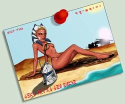 1girls ahsoka_tano alien alien_girl alien_text arm_support ass aurebesh barefoot beach beach_mat beach_towel big_lips bikini blue_eyes breasts clothed clothing desert facial_markings feet female female_only half-closed_eyes head_tails helmet humanoid laat/i legs looking_at_viewer magelord navel orange_skin outdoors picture_(object) pinup posing postcard sand seductive_look sitting skimpy skimpy_clothes skinny sky small_breasts solo spaceship star_wars summer sun tatooine text the_first_magelord toes togruta vehicle water