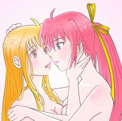 2girls ahoge bangs bashi blonde_hair blue_eyes blush braid breast_press breasts cleavage closed_mouth commentary_request crown_braid eyebrows_visible_through_hair fate_testarossa gradient gradient_background hair_ribbon large_breasts long_hair looking_at_another lyrical_nanoha mahou_shoujo_lyrical_nanoha mahou_shoujo_lyrical_nanoha_a's mahou_shoujo_lyrical_nanoha_strikers multiple_girls open_mouth pink_background pink_hair pink_lips ponytail red_eyes ribbon sidelocks signum upper_body very_long_hair yellow_ribbon yuri