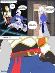 1boy 1girl 1girls after_training armor artist_name blonde blonde-haired_male blonde_hair blonde_hair_male blue_eyes blush boots braided_hair braided_ponytail bulge bulge_through_clothing clothed comic comic_page crocea_mors dressed elbow_gloves english english_dialogue english_text gloves ibanews1 imminent_sex jaune_arc jeans light-skinned_female light-skinned_male light_skin long_gloves myrtenaster pants_bulge part_of_a_series rooster_teeth rwby scar scar_across_eye sweat sweaty viz_media wedge_boots wedge_heels weiss_schnee weiss_schnee_(atlas) white_hair white_hair_female wink winking winking_at_partner