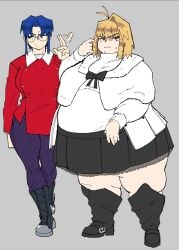 2girls arcueid_brunestud bangs bbw blonde_hair blue_eyes blue_hair blushing boots chubby chubby_female ciel_(tsukihime) coat double_chin eyeglasses fat fat_girl fate_(series) glasses huge_belly huge_breasts huge_thighs isaacshouse2 obese obese_female red_eyes simple_background size_difference skirt thick_thighs tsukihime tsukihime_(remake) type-moon vampire vampire_girl weight_difference weight_gain