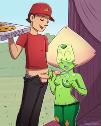 closed_eyes cubedcoconut cum cum_on_breasts gem_(species) green_skin handjob human interspecies pants_down peridot_(steven_universe) pizza pizza_boy pizza_time steven_universe surprised uniform