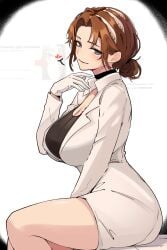 big_breasts black_choker blue_eyes breasts brown_hair choker fauvim female female_focus female_only formal formal_attire formal_clothes formal_wear fully_clothed gloves hair_bun hair_ornament hand_between_legs heart huge_breasts large_breasts light-skinned_female light_skin limbus_company looking_at_viewer m_ayonessa project_moon rodion_(limbus_company) short_hair side_view sitting tall_female tattoo tattoo_on_chest thighs thighs_together white_gloves