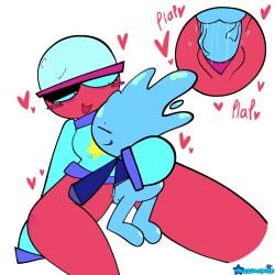 blue_body blue_sclera blush close-up cyan_sweater dandy's_world gigi_(dandy's_world) oversized_clothes plap red_body requested roblox roblox_game someone_else's_oc tr3ebranch vaginal_penetration