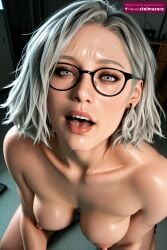 ai_generated ai_assisted stelmazura grace_ashcroft capcom resident_evil resident_evil_9:_requiem grace ashcroft 1girl solo breasts looking_at_viewer short_hair open_mouth jewelry medium_breasts nipples nude sweat earrings glasses teeth tongue lips shiny_skin grey_eyes saliva realistic