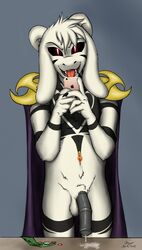 1boy 2015 asriel asriel_dreemurr asriel_dreemurr_(god_form) balls black_penis caprine coins cum dripping_cum fangs floppy_ears goat iphone male/male male_only money penis teeth tongue undertale