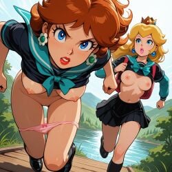 2girls ai_generated backpack blonde_hair blue_eyes breasts brown_hair clothing duo earrings female female_only human human_only light-skinned_female light_skin lipstick long_hair looking_at_viewer mario_(series) mario_bros mature mature_female nintendo nipples panties princess_daisy princess_peach red_lipstick running school_uniform sexy shirt skirt super_mario_bros.