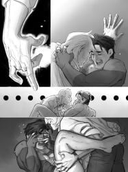 2025 2boys black_and_white black_hair blush cecil_stedman clothed clothing embarrassed embarrassed_expression fingering fingers hair holding_leg holding_leg_up invincible invincible_(comics) invincible_(superhero) invincible_(tv_series) legs legs_apart legs_spread light-skinned_male light_skin male male/male male_only mark_grayson mature mature_male no_visible_genitalia older_male older_male_and_younger_male open_eyes open_mouth pants_removed scar shirt sweat sweatdrop sweating teeth teeth_showing teeth_visible tie unfruitpourri viltrumite white_shirt wrist_watch younger_male