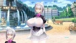 1girls akagi_rio android android_girl bench boobies boobs breasts enormous_breasts female female_only game_cg giant_breasts gigantic_breasts grey-haired_female grey_hair huge_breasts hyper_breasts maid maid_headdress maid_outfit maid_uniform massive_breasts meena_1919 milk_factory motto!_haramase!_honoo_no_oppai_isekai_oppai_maid_gakuen! motto!_haramase!_honoo_no_oppai_isekai_oppai_meido_gakuen! open_eyes open_mouth open_mouth_smile schoolgirl short_gray_hair short_hair short_hair_female super_breasts teenage_female teenage_girl teenager tits
