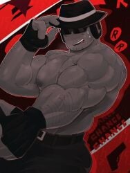 1boy bara bara_tiddies bara_tits body_hair chance_(forsaken) dark-skinned_male dark_skin fedora flintlock forsaken_(roblox) gay gay_male glasses gloves gun muscular muscular_male no_shirt pectoral_bulge pectorals rebelliousmilk roblox roblox_game robloxian smiling solo sweat sweating topless