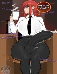 ai ai_assisted ai_generated big_balls big_breasts big_penis bulge bulge_through_clothing chainsaw_man clothed comic comic_page dialogue futa_focus futanari huge_breasts huge_cock huge_thighs makima_(chainsaw_man) offscreen_character reizerem suit tight_pants