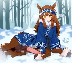 amber_eyes animal_genitalia animal_penis balls big_penis blue_clothing blush breath brown_body brown_fur centaur clothing equid equid_taur equine_genitalia equine_penis erection european_mythology femboy forest fur genitals greek_mythology hair handwear hi_res hooves humanoid_taur kerchief long_hair looking_at_viewer lying male mammal mammal_taur mittens musk musk_cloud mythology on_side outside penis plant presenting presenting_penis robe sash snow solo tail taur thetenk tree winter winter_clothing