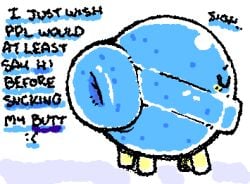 2025 ambiguous_gender animate_inanimate animated anus anus_only armless big_anus black_text blue_body blush candy closed_eyes dessert dialogue digital_media_(artwork) english_text flat_colors food food_creature huge_anus legless ligma_(artist) lollipop low_res monotone_body not_furry sigh solo squigglevision text three-quarter_view wigglypaint_(artwork) y_anus yellow_blush