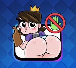 ass ass_focus back_view bent_over brown_gloves butt_focus clash_(series) clash_royale crown emote emote_(clash_royale) female freckles freckles_on_ass freckles_on_butt gloves hand_gesture high_resolution highres looking_at_viewer panties presenting_hindquarters princess_(clash_royale) prohibition_sign smetannik_(artist) solo solo_female striped_panties undressed