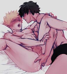 2boys abs black_hair cum_in_ass fingering gay izuku_midoriya katsuki_bakugou legs_up male/male male_only my_hero_academia spread_anus spread_legs tagme underwear wengwengchim yaoi