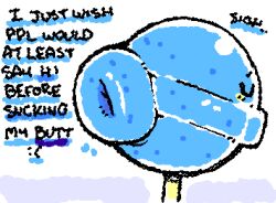 2025 ambiguous_gender animate_inanimate animated anus anus_only armless big_anus black_text blue_body blush candy closed_eyes dessert dialogue digital_media_(artwork) english_text flat_colors food food_creature huge_anus legless ligma_(artist) lollipop low_res monotone_body not_furry sigh solo squigglevision text three-quarter_view wigglypaint_(artwork) y_anus yellow_blush