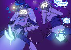 2_penises 3_eyes anthro_on_robot black_hair body_hair cum_inside fingering full_color glowing_eyes glowing_genitalia glowing_screen objectum p.ai.nter_(pressure) pressure_(roblox) sebastian_solace self_upload size_difference technophilia wireplay wires