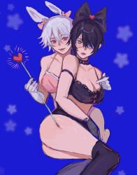 2girls alternate_costume ass big_ass big_breasts blue_background blush bunny_ears canon_genderswap cleavage dark_purple_hair eye_patch female female_only genderswap_(mtf) ginko_sakata gintama gintoki_sakata gloves green_eyes hair_over_one_eye hair_ribbon hoangvu_anh lingerie looking_at_viewer purple_hair red_eyes rule_63 short_hair smile takasugi_shinsuke very_short_hair wand white_hair yuri