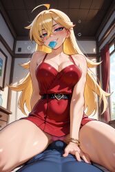 ai_generated blonde_hair blue_eyes blush bracelet condom_in_mouth drunk_bubble from_below grinding grinding_on_penis hand_on_another's_stomach heart_buckle imminent_sex looking_at_viewer panty_&_stocking_with_garterbelt panty_anarchy pink_panties red_dress seductive_look sitting_on_person