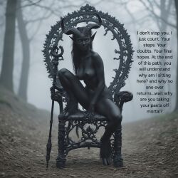 1girls ai_generated breasts chair dark_skin demon_girl demon_horns english_text forest hooves horns horror humanoid monster_girl naked nude original original_character rod scary scary_face sitting_on_chair text threat threatening