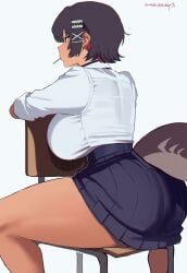 ass back back_focus back_view big_ass big_breasts big_butt black_hair blue_skirt collar ellen_joe ellen_joe_(on_campus) hair_ornament hoyoverse huge_breasts lollipop multicolored_hair red_eyes red_hair shark_girl shark_tail short_hair sideboob sitting_on_chair skirt tanned tanned_body tanned_female tanned_skin thick_thighs thighs thight_clothing tomatoketchup96 white_shirt zenless_zone_zero