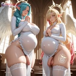 2futas ai_generated angel angel_wings balls big_breasts blonde_hair blue_eyes blue_hair breasts church church_interior day dickgirl elf elf_ears flaccid flaccid_penis focus futa_focus futa_only futanari high_resolution highres huge_breasts ilfb large_breasts long_hair medium_breasts more_at_source multicolored_hair original original_character pantyhose penis penis_size_difference pink_hair ponytail pray praying pregnancy pregnant pregnant_belly pregnant_futa standing testicles thigh_highs thighhighs thighs very_long_hair wings