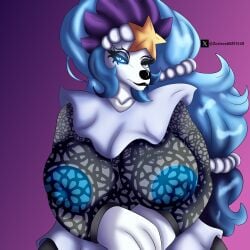 absurd_res anthro areola asterozoan big_areola big_breasts black_lips black_sclera blue_hair blue_nipples breasts clothing echinoderm female gem generation_7_pokemon glowing glowing_eyes hi_res huge_areola lips long_hair marine nintendo nipples one_eye_closed pearl_(gem) pokemon pokemon_(species) primarina solo starfish translucent translucent_clothing zortrex