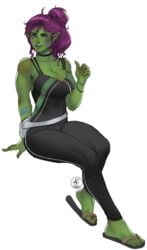 2019 amber_harris bag bandages belt big_breasts blush bra_strap breasts clothing fanny_pack feet female female_only flip_flops green_skin long_ears orc orc_female ponytail red_hair redhead sandals sitting solo solo_female tight_clothing tusks