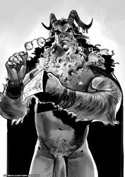 anthro arm_hair body_hair bottomless bovid cape caprine caprine_demon chest_hair christmas clothed clothing demon eyebrows eyewear genitals glasses goat goat_demon goat_ears grumpy hair hi_res holidays horn horn_jewelry jewelry krampus larger_male looking_at_viewer male mammal mostly_nude_male muscular muscular_male paper penis pubes purplebirdman size_difference solo thick_eyebrows wraps wrist_wraps wristband