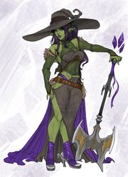 2020 adoptable amber_harris axe breasts brown_hair clothed dress fantasy female female_only green_skin hand_on_hip hand_on_weapon high_heels long_hair midriff midriff_baring_shirt orc orc_female sleeves solo solo_female tank_top tight_clothing tusks watermark witch witch_hat