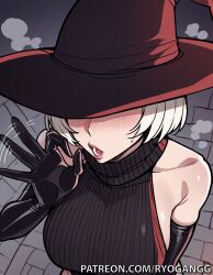 1female 1girls 2d 2d_(artwork) ai_generated alternate_breast_size alternate_costume black_stockings blindfold blindfolded blindfolded_female blowjob blowjob_gesture female fishnet_stockings fishnets gesture_hand halloween halloween_costume halloween_theme high_resolution highres light-skinned_female light_skin nier nier:_automata nier_(series) patreon patreon_username ryogangg seductive seductive_look short_hair stockings sweatshirt thick_thighs thighhighs thighs thong thong_aside tight_clothing tight_fit white_hair witch witch_costume witch_hat yorha_2b