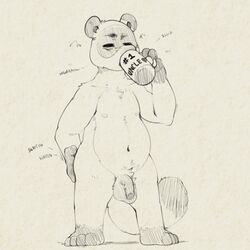 1:1 2019 animal_crossing anthro belly canid canine casual_nudity closed_eyes flaccid furry genitals hollo_nut humanoid_genitalia humanoid_hands humanoid_penis male male_only mammal monochrome navel nintendo nipples nude penis raccoon_dog simple_background slightly_chubby solo tanuki testicles text tom_nook