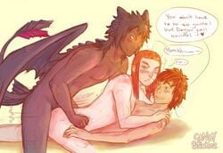 3boys brown_hair dagur dreamworks english english_dialogue english_text gay hiccup_horrendous_haddock_iii how_to_train_your_dragon male male_only naked nude nude_male speech_bubble threesome toothless trio yaoi