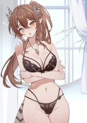 :o bird_tail blush bow bow_bra bra branch breasts breath brown_bra brown_hair brown_panties cowboy_shot crossed_arms curtains feather_hair female gluteal_fold grey_eyes hair_between_eyes heterochromia highres indie_virtual_youtuber jewelry kumi_(vtuber) large_breasts long_hair looking_at_viewer multi-strapped_bra multi-strapped_panties necklace nose_blush panties pointy_ears ponytail scar scar_across_eye scar_on_face snow solo stomach string_panties tail underwear underwear_only virtual_youtuber window woppu_(woppuru) yellow_eyes