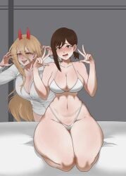2girls alternate_version_at_source alternate_version_available belly belly_button big_breasts big_thighs bikini bikini_only blonde_hair brown_eyes brown_hair chainsaw_man character_in_background cleavage cleavage_overflow curves curvy curvy_female cute cute_face devil_horns higashiyama_kobeni hips_wider_than_shoulders hourglass_figure kneeling no_pants orange_eyes pantsless peace_sign ponytail power_(chainsaw_man) sexy sexy_body shy shy_expression thick_thighs tummy unbuttoned_shirt wide_hips wide_thighs