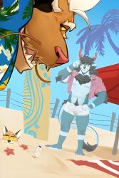 2_horns 9klipse abs aloha_shirt anthro anus ass balls barbel_(anatomy) beach beach_umbrella beard black_beard black_chest_hair black_hair black_nose bottomless brown_beard brown_chest_hair brown_hair brown_nose bulge butt_grab canid canine canis chest_fur chest_hair chest_tuft claws clothed clothing dominion_(nickad69) dragon eastern_dragon elbow_fur eye_patch eyebrows eyewear fangs foreskin fox fur genitals hand_on_butt hi_res horn humanoid_genitalia humanoid_penis jack_(9klipse) looking_at_viewer looking_back male mammal multicolored_body muscular muscular_anthro muscular_male mythological_creature mythological_scalie mythology nariz_(nickad69) navel open_shirt orange_body orange_fur parasol pattern_clothing pattern_shirt pattern_topwear pecs pink_tongue pubes public red_claws red_eyes red_horn scalie shirt smile smiling_at_viewer smirk smirking_at_viewer solo standing tail tan_fur teeth topwear two_tone_body whiskers white_body white_eyebrows white_fur white_shorts yellow_eyes yellow_fur yellow_sclera